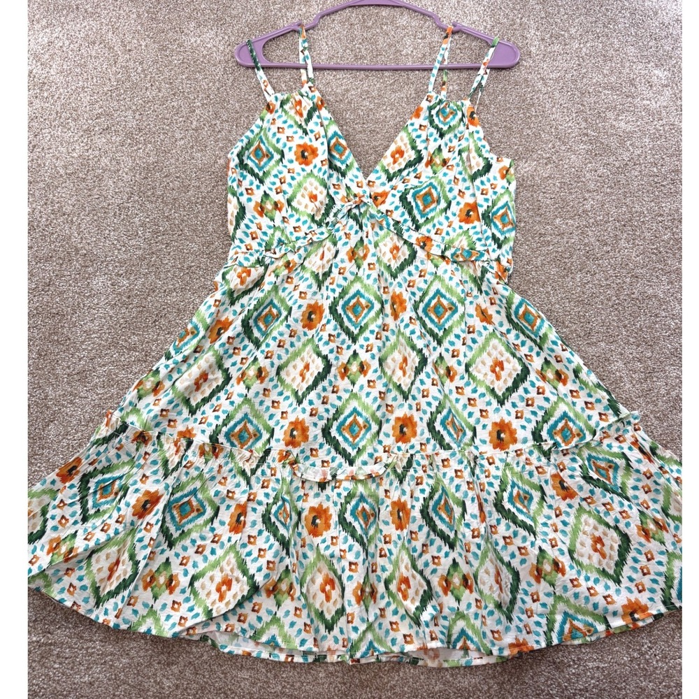 Very J Womens Large Multicolor Ikat Print Smocked Tiered Mini Dress NEW Summer